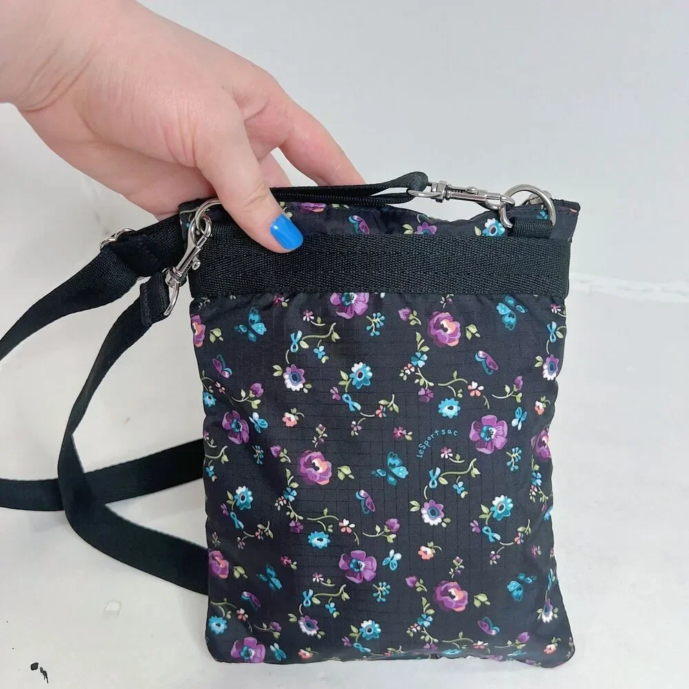 LeSportSac Black Purple and Blue Flowers Nylon Crossbody Bag Purse